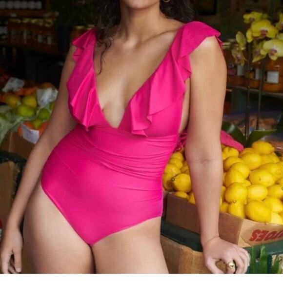 J Crew Womens Ruched Ruffle One Piece Swimsuit Size 4 Pink - Picture 1 of 14